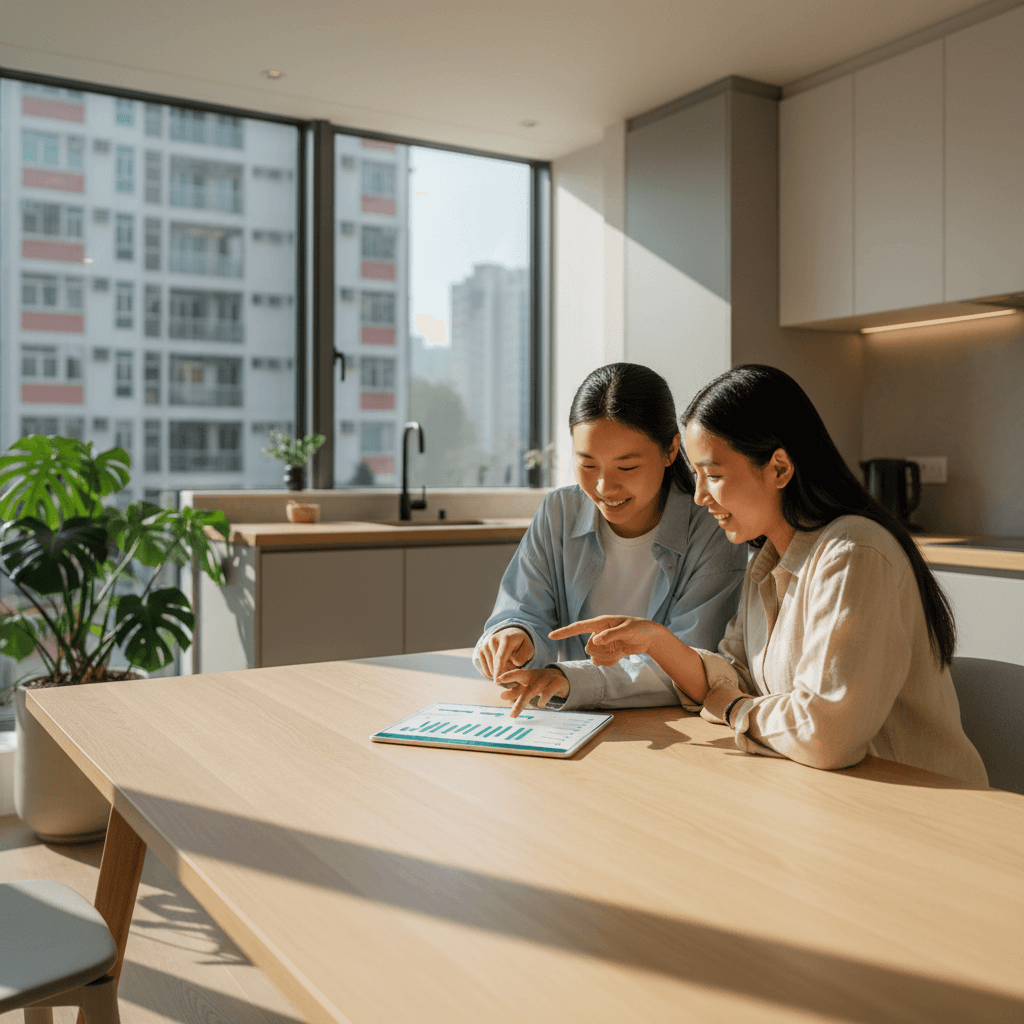 Family and domestic helper collaborating using HelperHarmony app on tablet