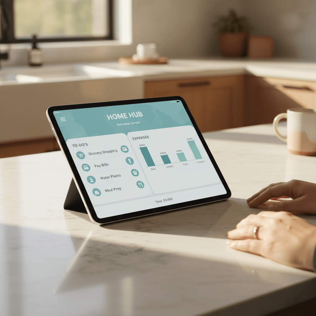 HelperHarmony app displaying household task and expense dashboard on tablet