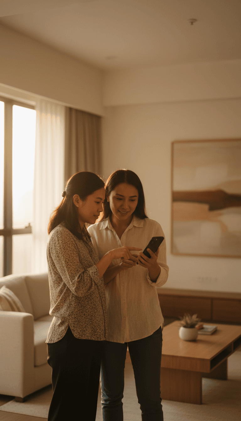 Domestic helper and employer reviewing household tasks together on HelperHarmony app