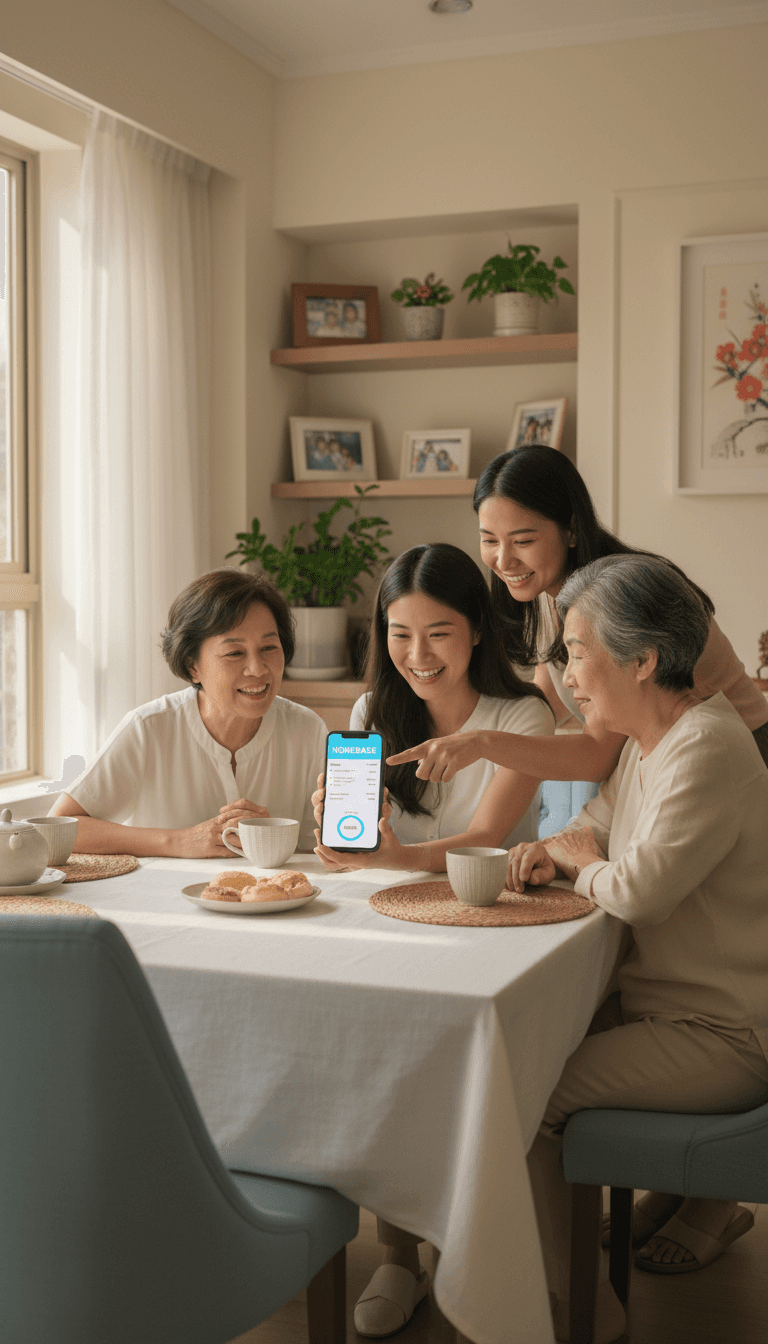 Multi-generational Hong Kong family and domestic helper reviewing HelperHarmony app together at dining table