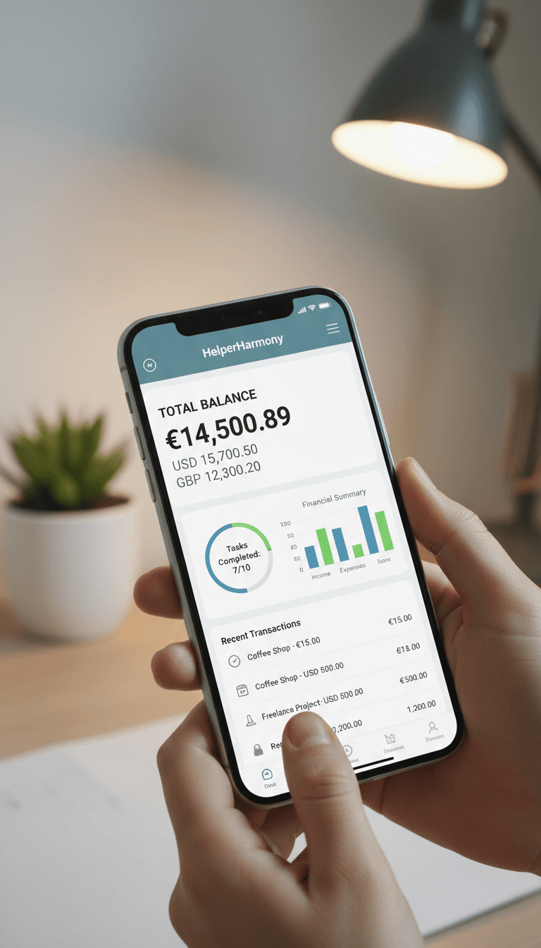HelperHarmony app interface showing financial tracking and task management dashboard